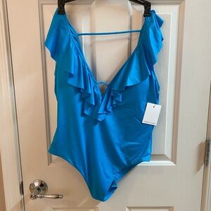 Blue Ruffled One Piece Swimsuit with Plunging V-neckline